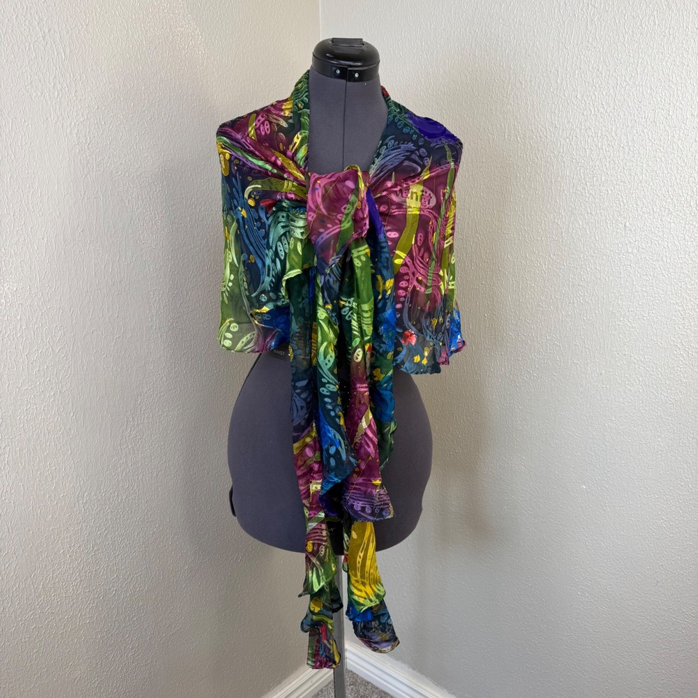 Multicolor Silk Blend Abstract Psychedelic Sheer Shawl‎ Wrap Metallic Shimmer